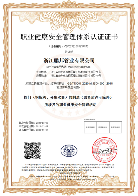 職業健康安全管理體系認證證書